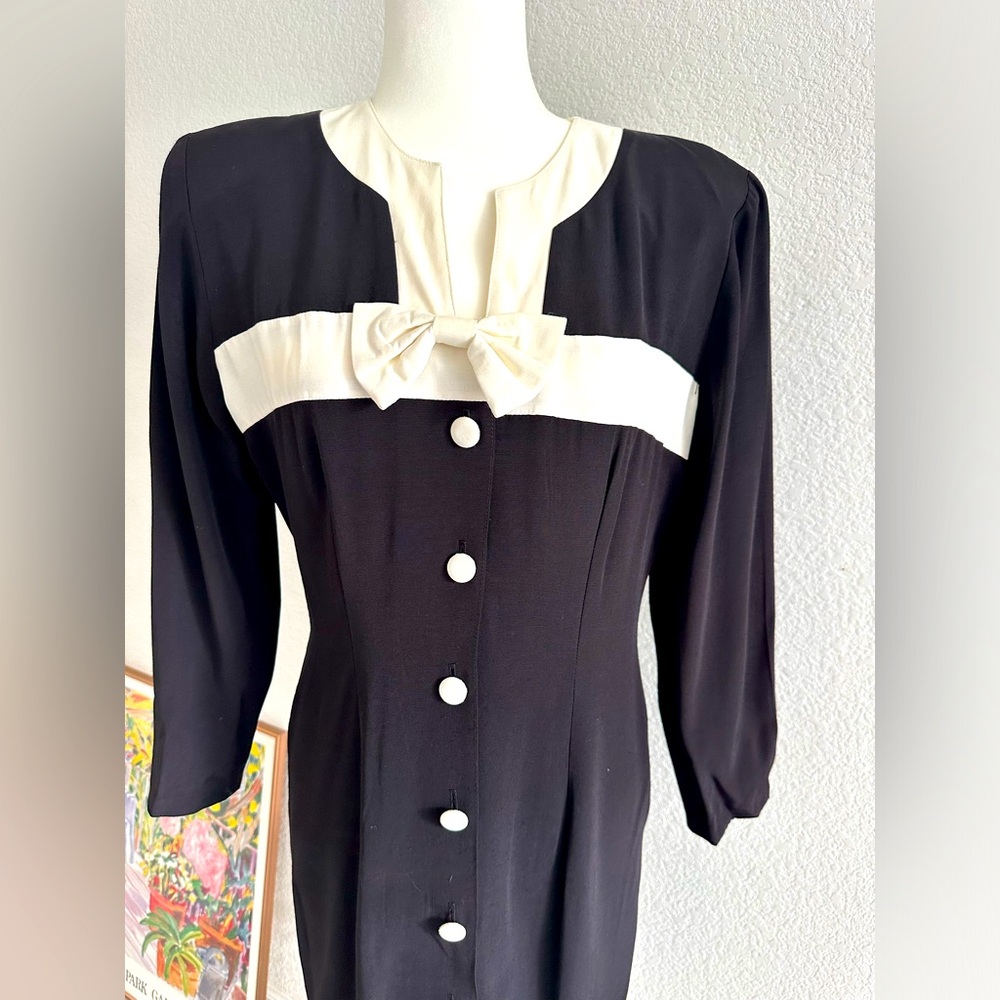 Vintage Gaccina Black Dress White Collar button down with Bowknot Sz 7/8